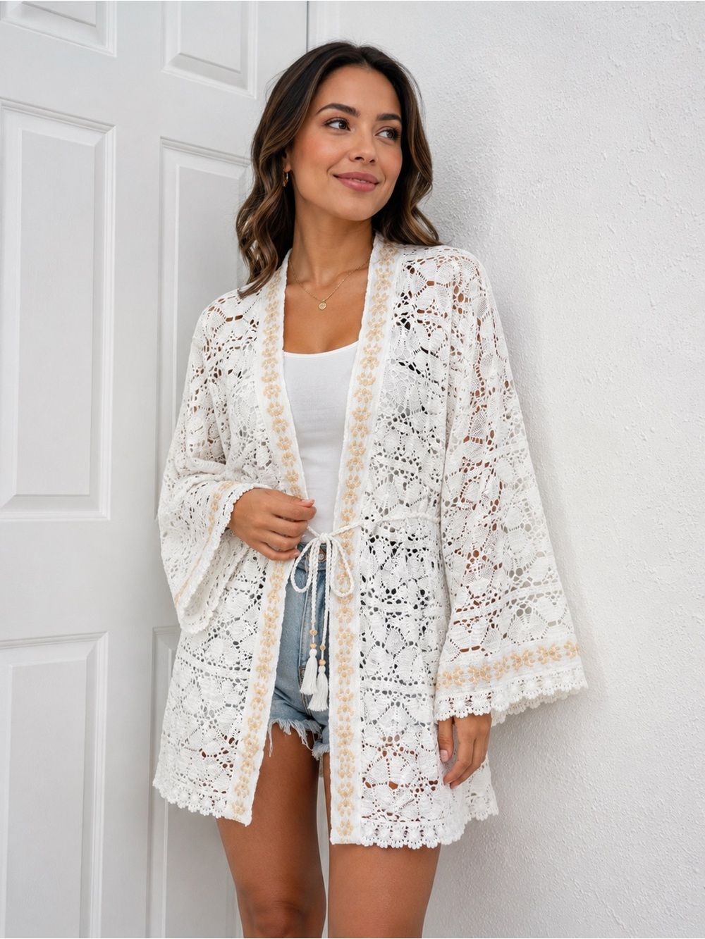 Free People White Crochet Kimono with Cream Trim OS